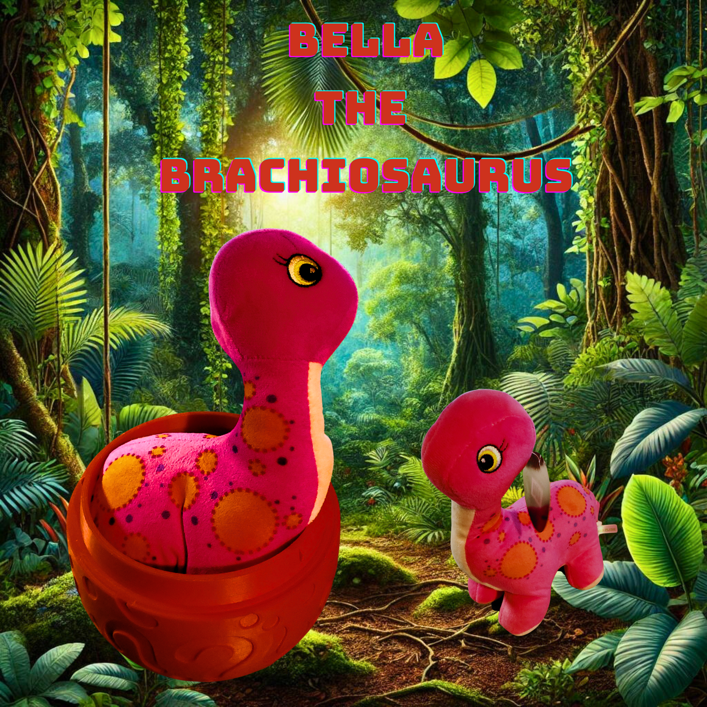 Image of Bella the Brachiosaurus plush toy inside a red 3D printed egg, set against a jungle background.