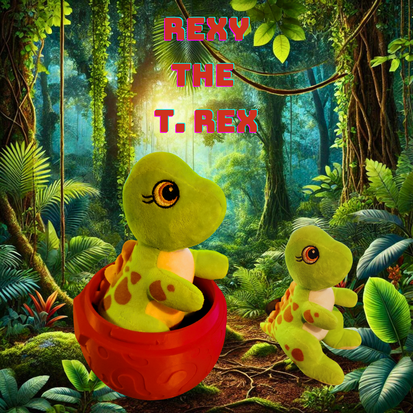 Image of Rexy the T. Rex plush toy inside a red 3D printed egg, set against a jungle background.