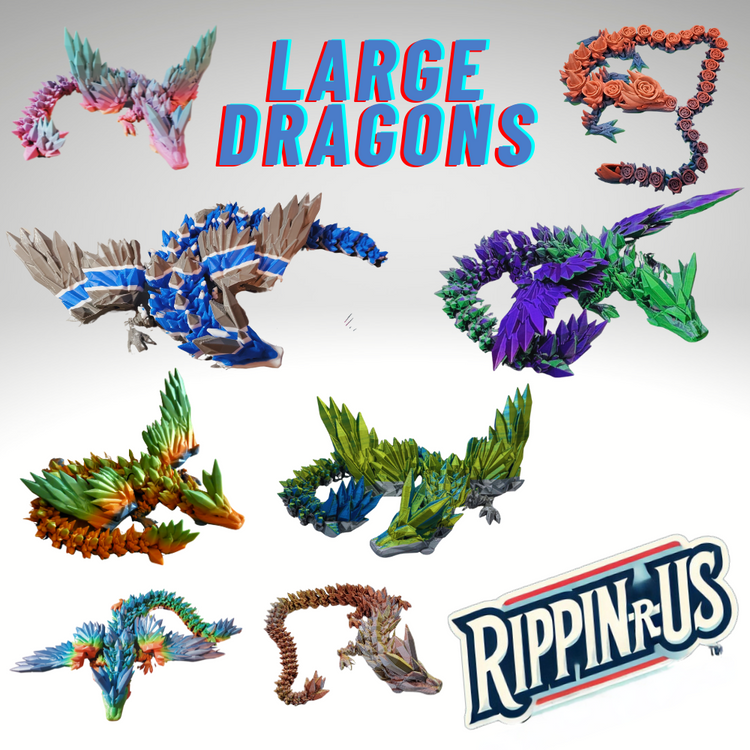 Various large 3D printed dragon figurines in vibrant colors, displayed in dynamic poses. The image features the text 'Large Dragons' in bold, along with the logo for 'Rippin-R-Us.