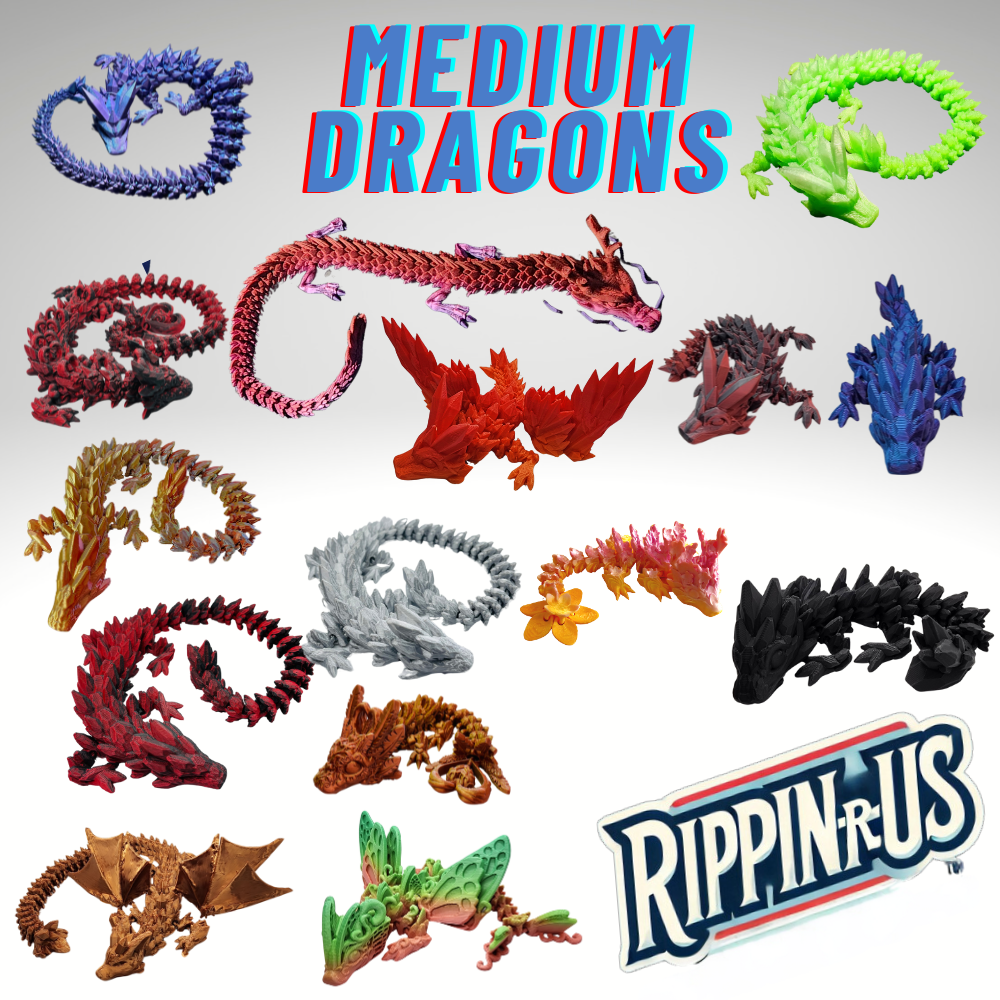 Collection of medium-sized 3D printed articulating dragons in various vibrant colors and designs, ranging from 11 to 17 inches. Rippin-R-Us branding displayed at the bottom.