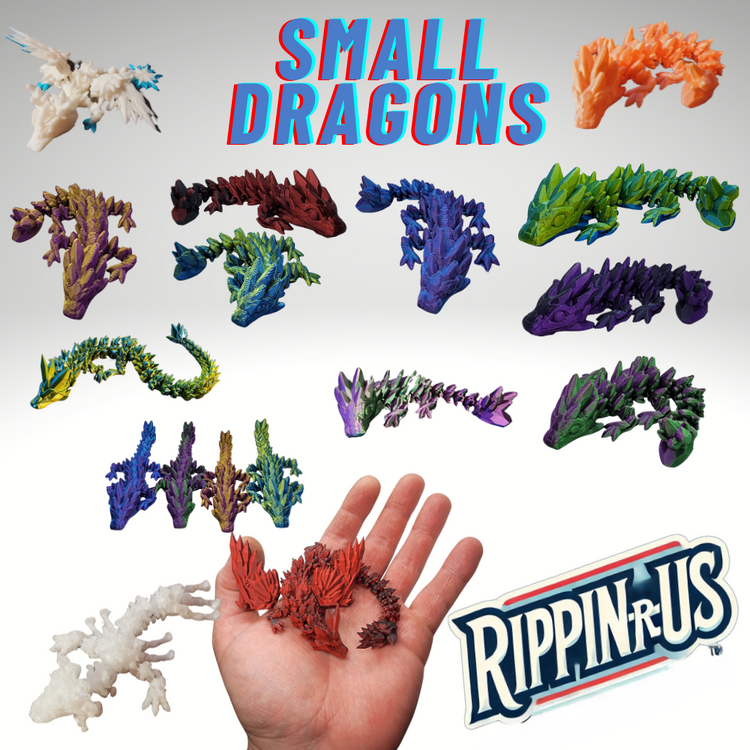 Various small 3D printed dragon figurines in different vibrant colors, arranged in a display with a hand holding one of the dragons for scale. The image features the text 'Small Dragons' in bold and the logo for 'Rippin-R-Us.