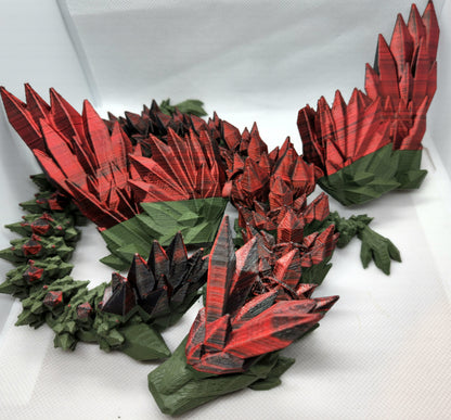 18" Crystal Winged Dragon Articulated 3D Printed Figure – Olive Green, Red, and Black