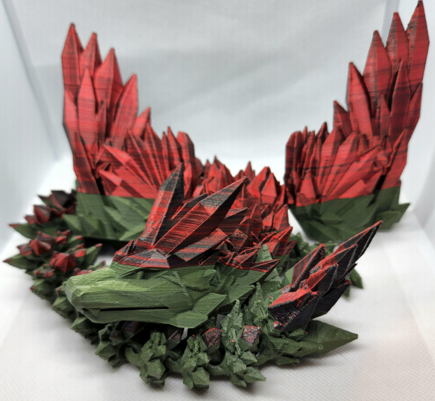 18" Crystal Winged Dragon Articulated 3D Printed Figure – Olive Green, Red, and Black