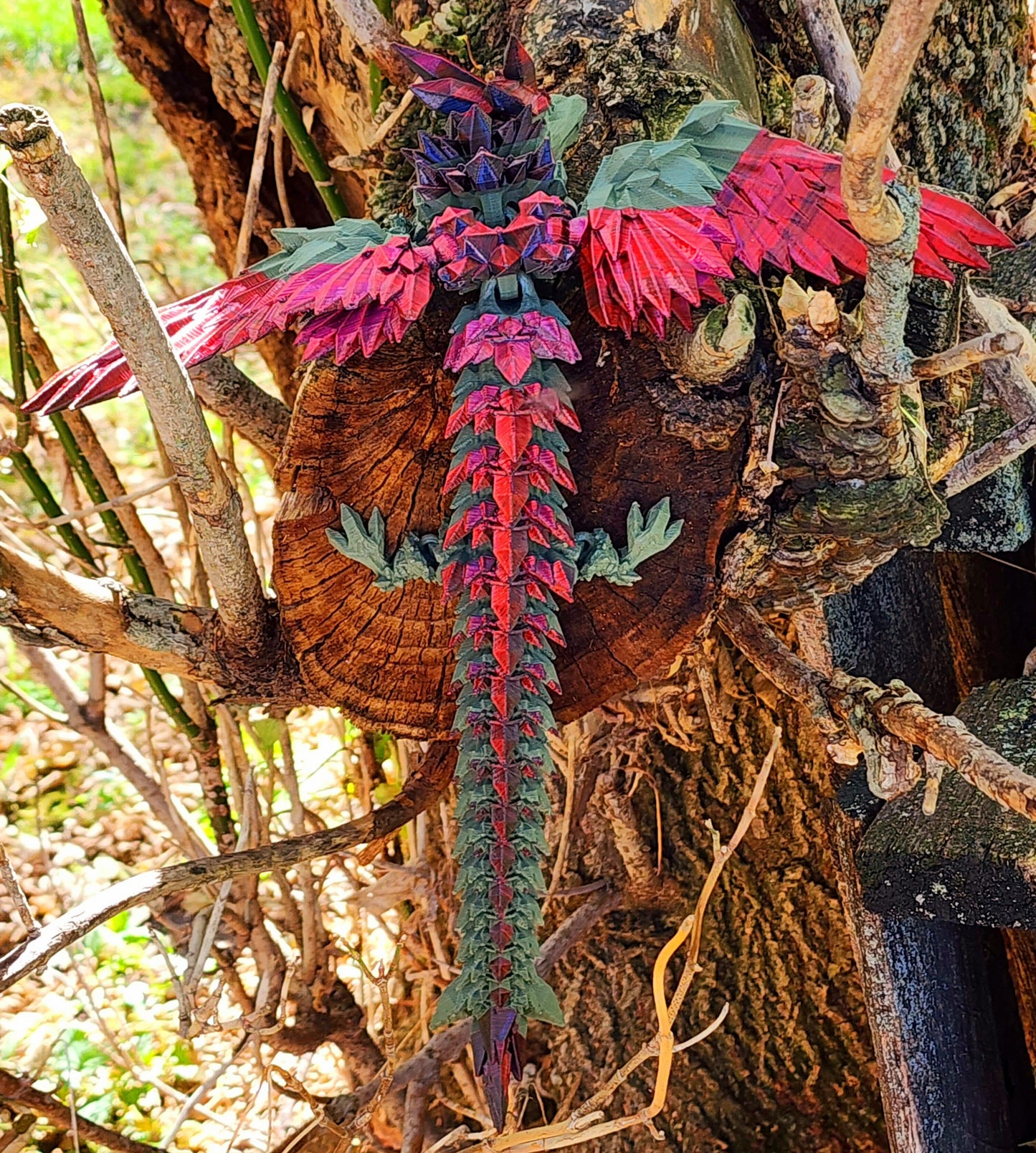 18" Crystal Winged Dragon Articulated 3D Printed Figure – Olive Green, Red, and Black