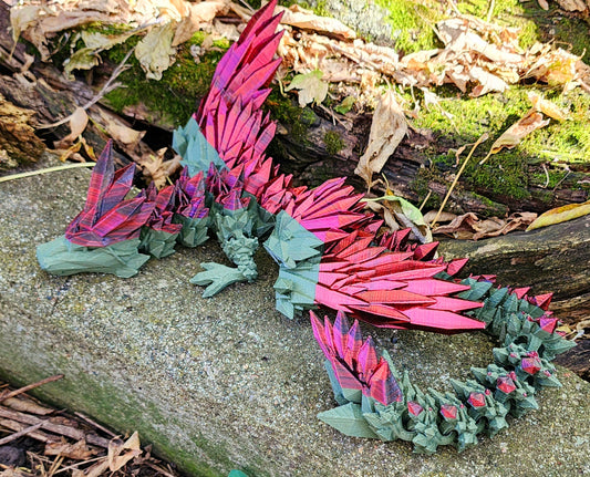 18" Crystal Winged Dragon Articulated 3D Printed Figure – Olive Green, Red, and Black