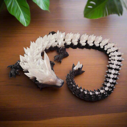 18" 3D Printed Articulated Dragon Figure – Black and White Poseable Fantasy Toy