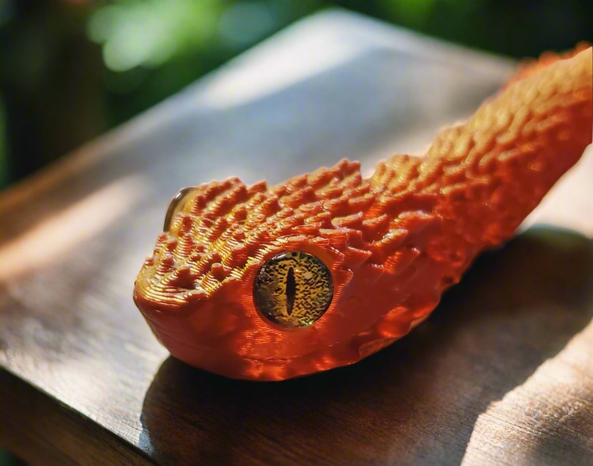A close-up view of a golden snake figure head, showcasing its vivid amber eye and intricate scale details.