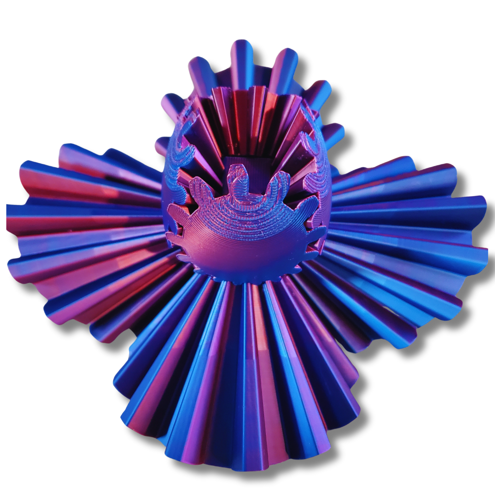 Close-up of the Gear Sphere 3D Printed Fidget Toy in an open gear position, displaying the intricate blue and purple mechanism designed for stress relief and sensory play.