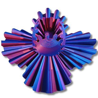 Close-up of the Gear Sphere 3D Printed Fidget Toy in an open gear position, displaying the intricate blue and purple mechanism designed for stress relief and sensory play.
