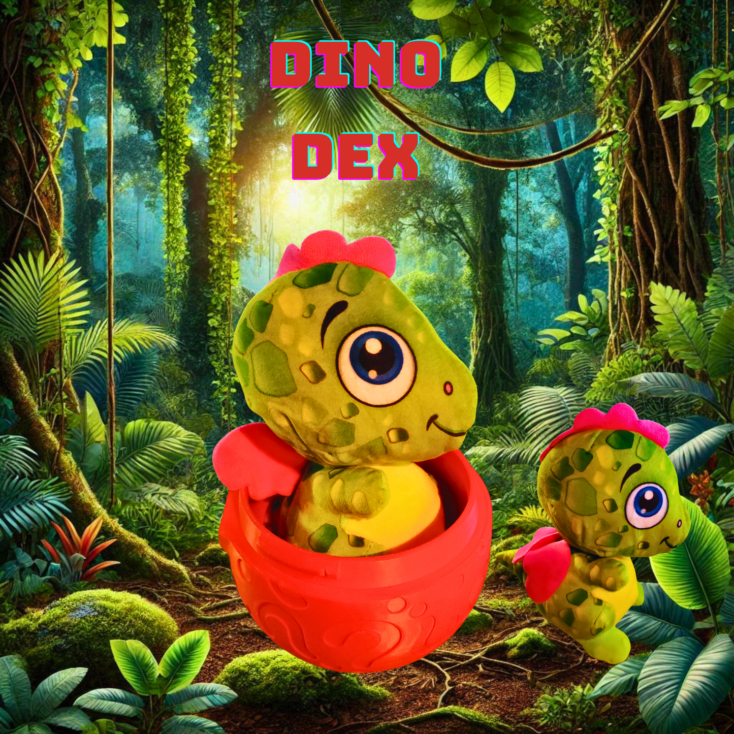 Image of Dino Dex plush toy inside a red 3D printed egg, set against a jungle background.