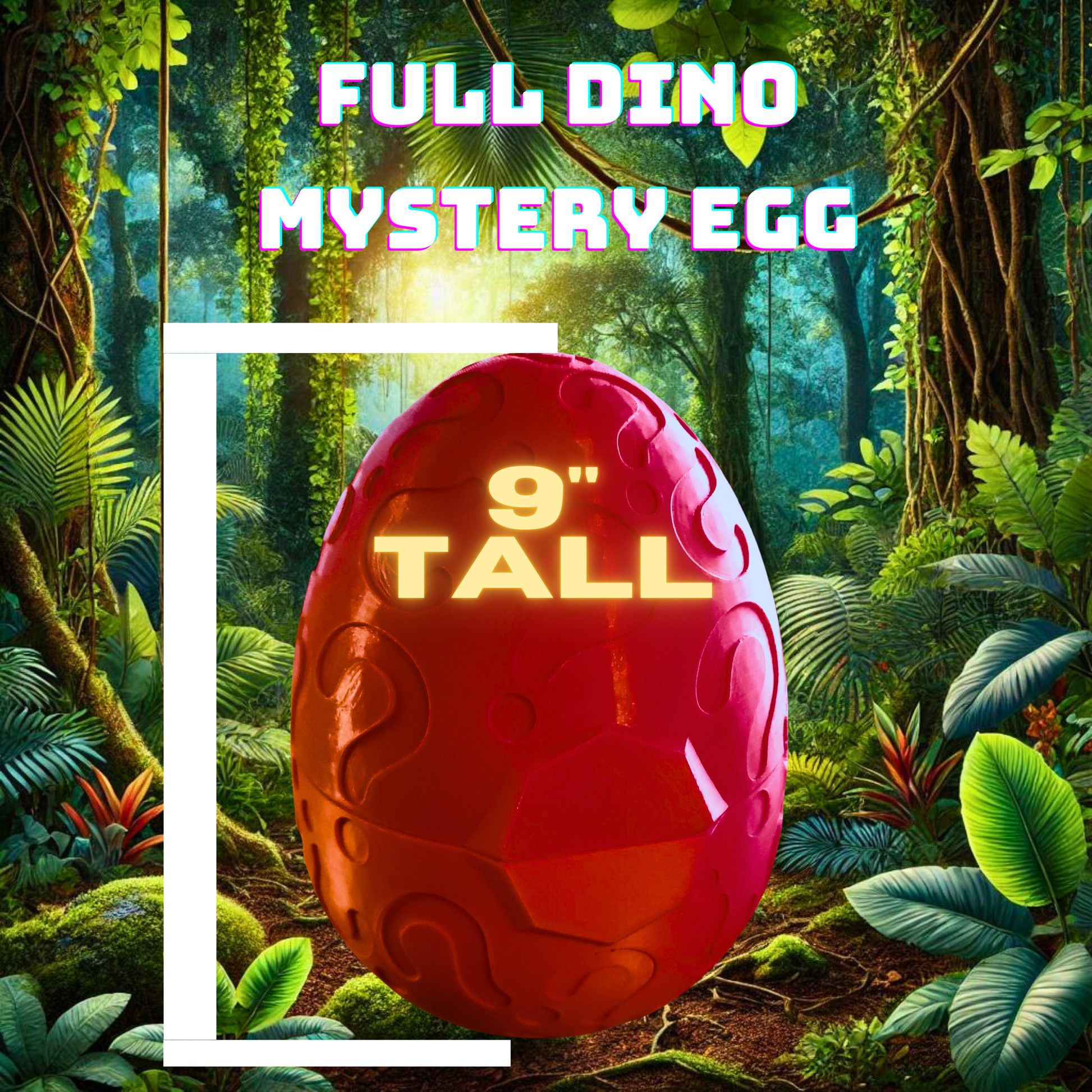 Image of a red 3D printed mystery egg with text indicating it is 9 inches tall, set against a jungle background.