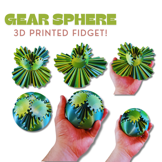 Top view and side view of Gear Sphere 3D Printed Fidget Toy in hand - Perfect for stress and anxiety relief, sensory play, and focus enhancement.