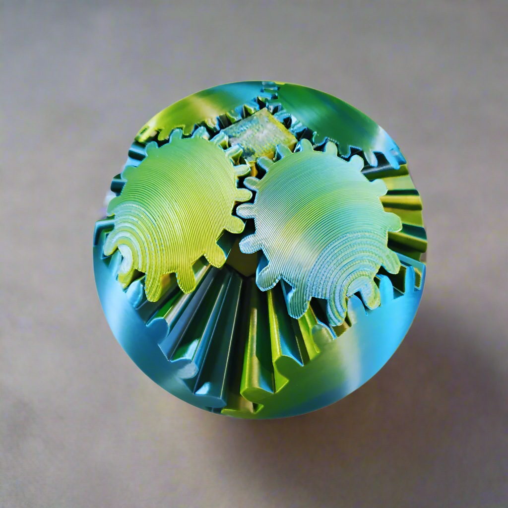 Top view of Gear Sphere 3D Printed Fidget Toy, highlighting the interlocking gear design in vibrant green and blue. Perfect for stress relief, sensory play, and enhancing focus.