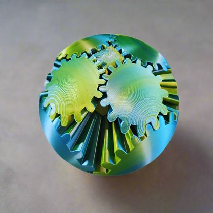 Top view of Gear Sphere 3D Printed Fidget Toy, highlighting the interlocking gear design in vibrant green and blue. Perfect for stress relief, sensory play, and enhancing focus.