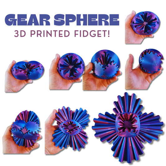Gallery of the Gear Sphere 3D Printed Fidget Toy showcasing various angles and states of the toy, including closed, open, and in-hand views in vibrant blue and purple colors.