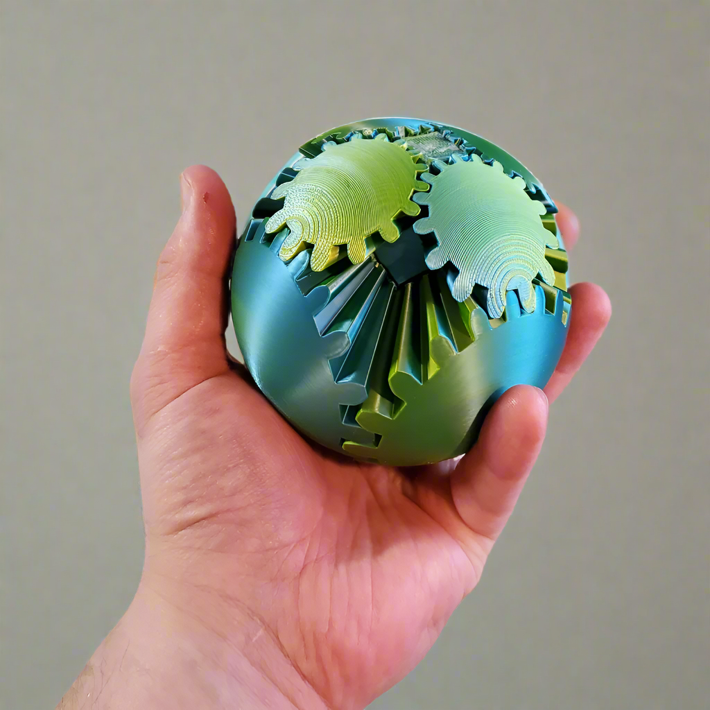 Close-up of a hand holding a Gear Sphere 3D Printed Fidget Toy, showcasing the intricate gear design in vibrant green and blue colors. Ideal for stress relief, anxiety reduction, and focus improvement.
