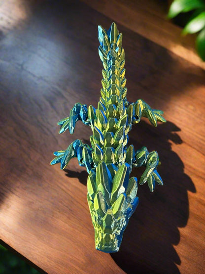 Mini 3D Printed Dragon - 4" or 6" Articulating Flexible Figure - Green with Blue & Yellow