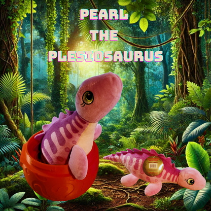 Image of Pearl the Plesiosaurus plush toy inside a red 3D printed egg, set against a jungle background.