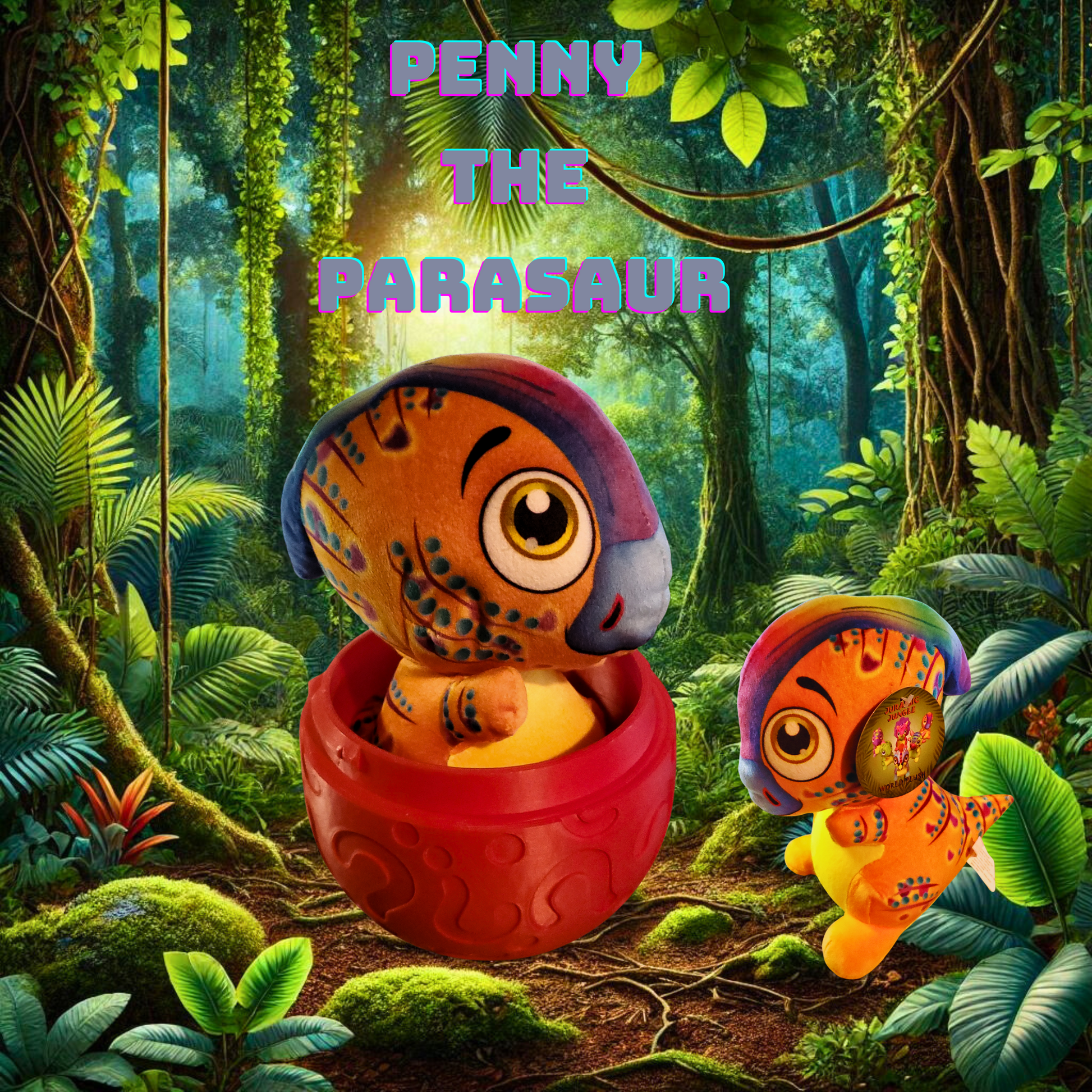 Image of Penny the Parasaur plush toy inside a red 3D printed egg, set against a jungle background.