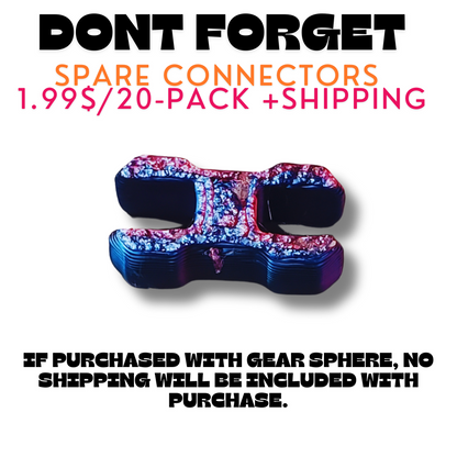 Advertisement for spare connectors for the Gear Sphere 3D Printed Fidget Toy, available for $1.99 per 20-pack plus shipping. Includes information about free shipping if purchased with the Gear Sphere.