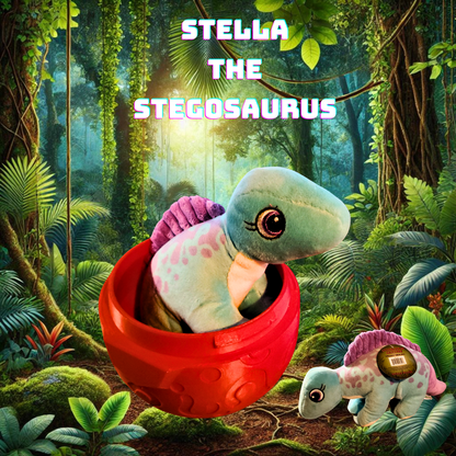 Image of Stella the Stegosaurus plush toy inside a red 3D printed egg, set against a jungle background.