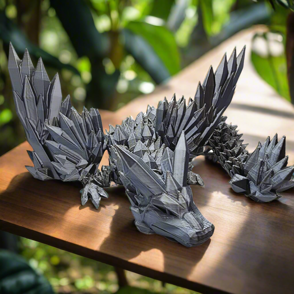 18" Silver Crystal Winged Dragon 3D Printed - Articulated Fidget Toy