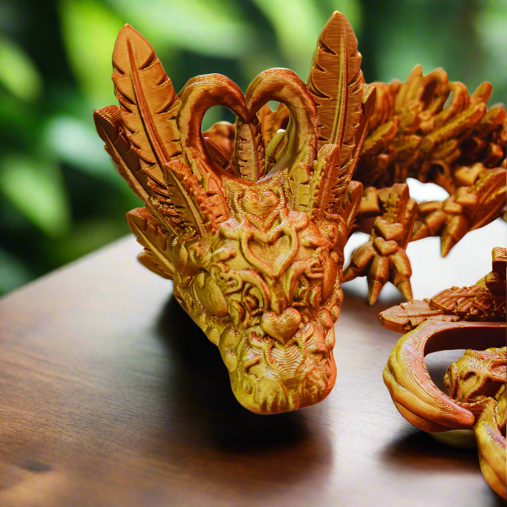 Articulated Baby Dragon Fidget Toy – 11" 3D Printed Copper, Silver Heart-Shaped Collectible