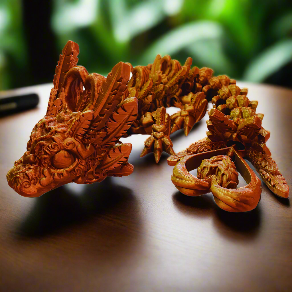 Articulated Baby Dragon Fidget Toy – 11" 3D Printed Copper, Silver Heart-Shaped Collectible